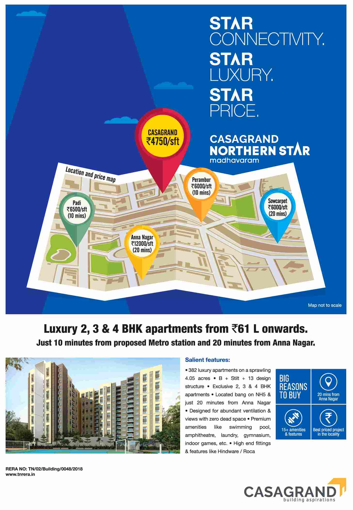 Book luxurious homes @ Rs 4750 per sqft at Casagrand Northern Star in Madhavaram, Chennai